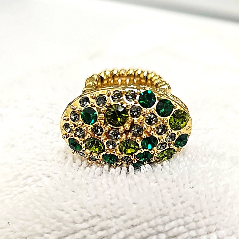 Elegant Goldtone with Green & Clear Crystals Stretch Statement Ring